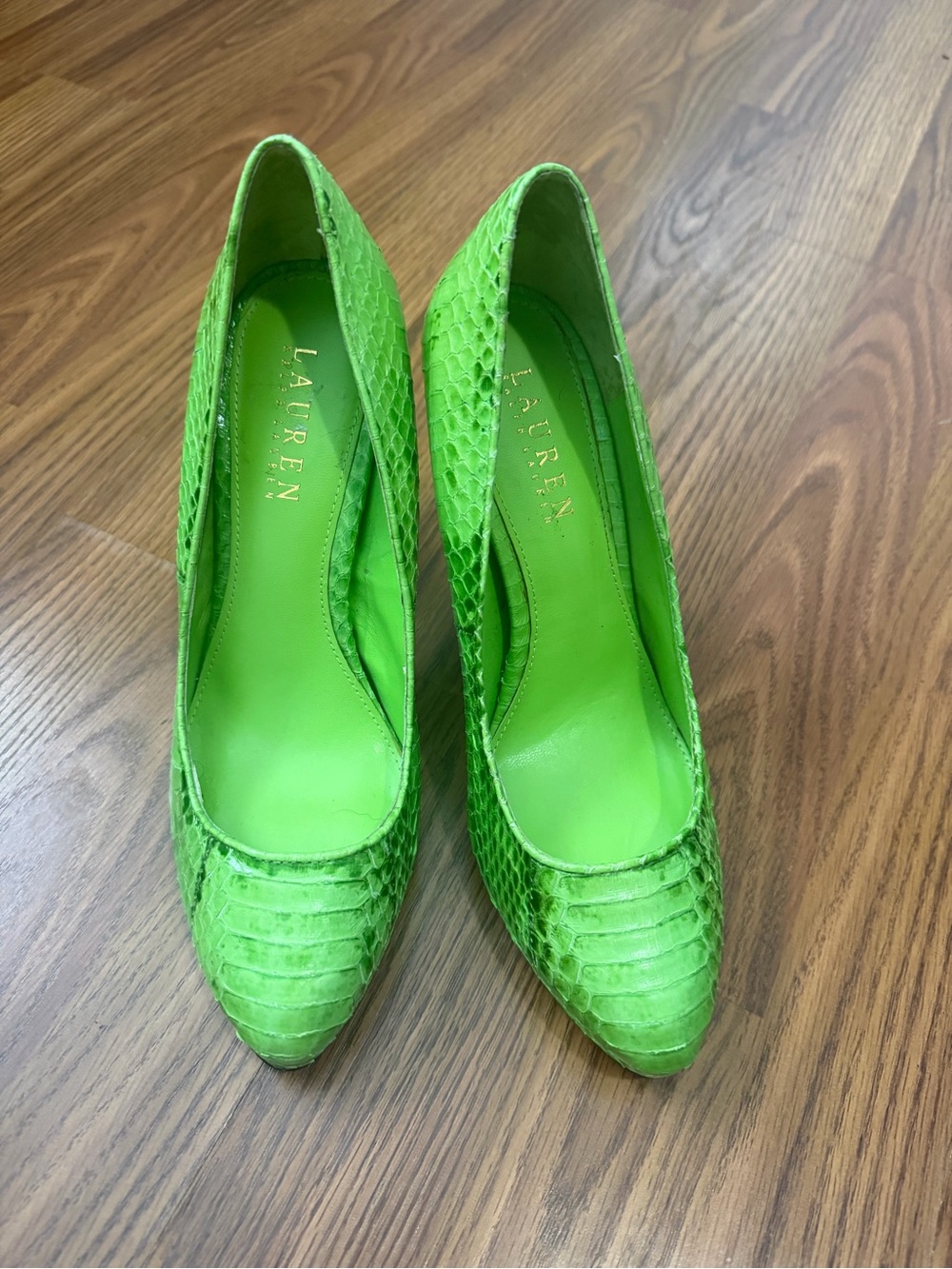 Lauren Ralph Lauren Kailee lime green snakeskin pointed-toe stiletto pumps 8 - Picture 2 of 6